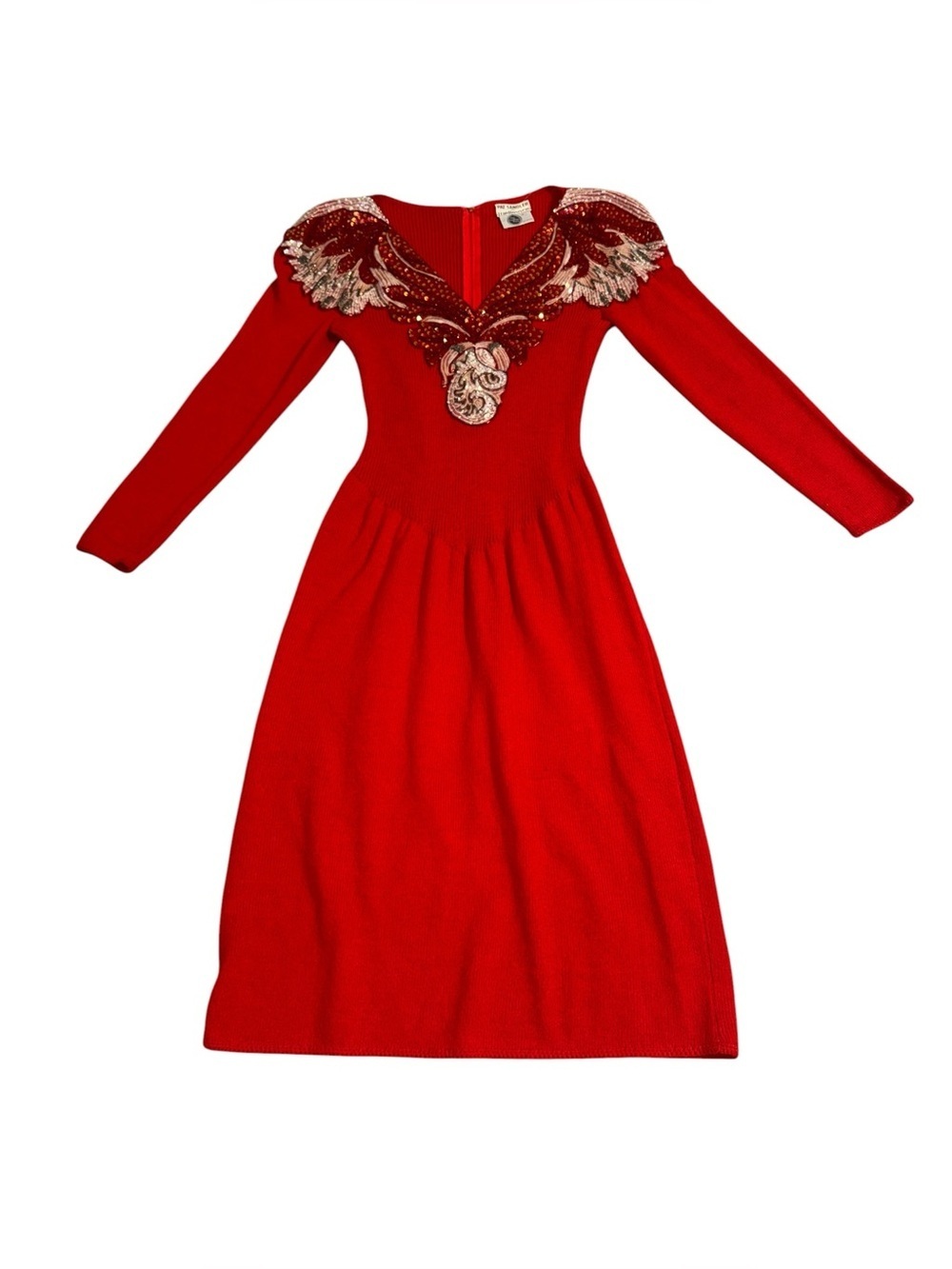 VINTAGE women’s PATS SANDLER red cinch waist v neck sequin long sleeve dress - Picture 2 of 8